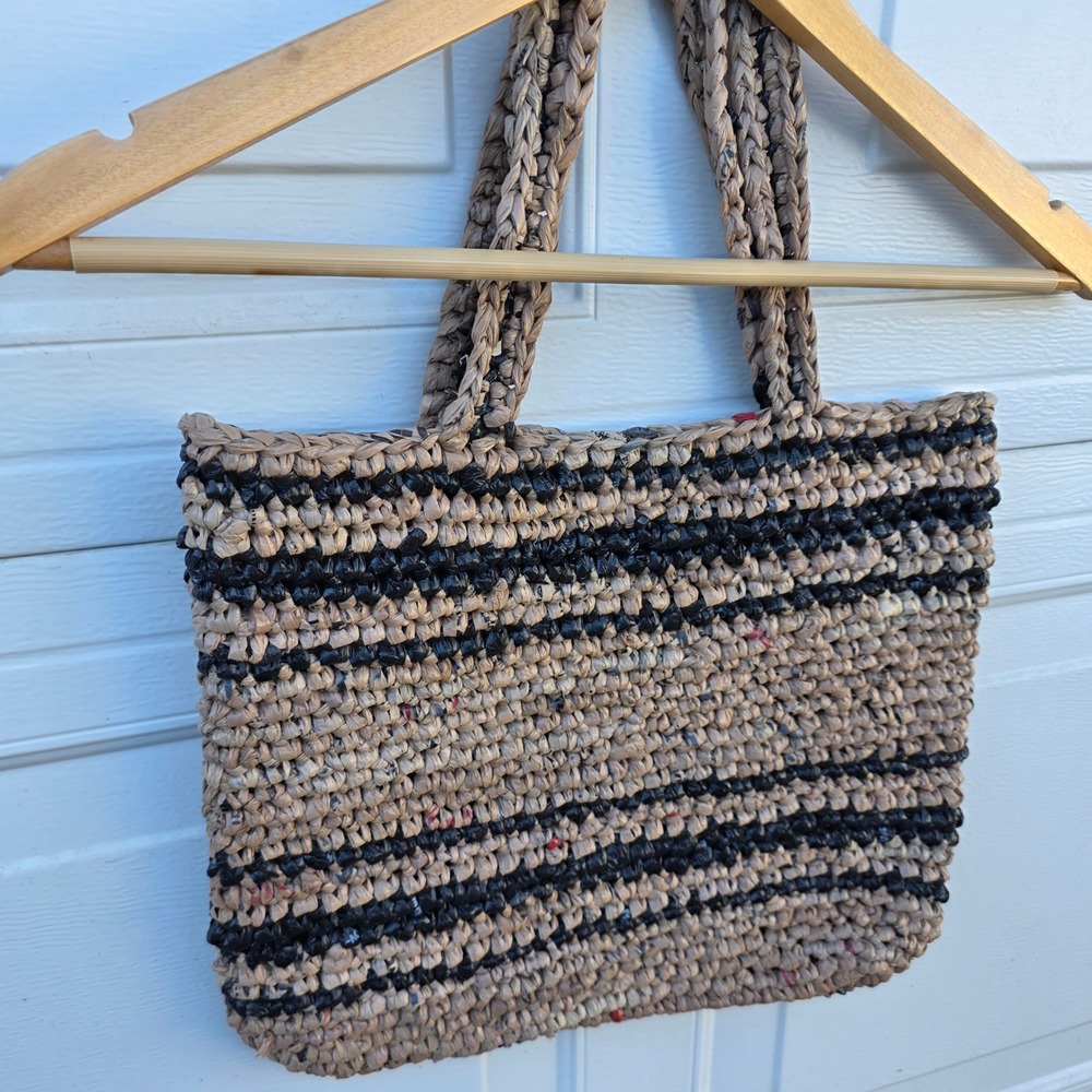 Handmade Plarn Tote Bag Tan Black Striped Recycled Plastic Crochet Market Bag